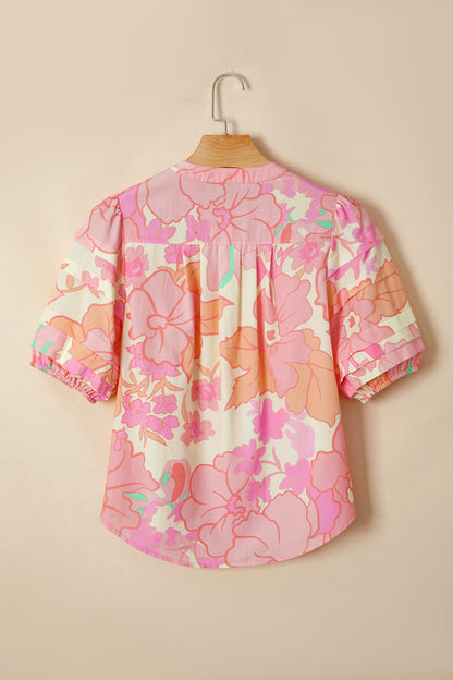 Floral Button Down Pintuck Short Sleeve Blouse