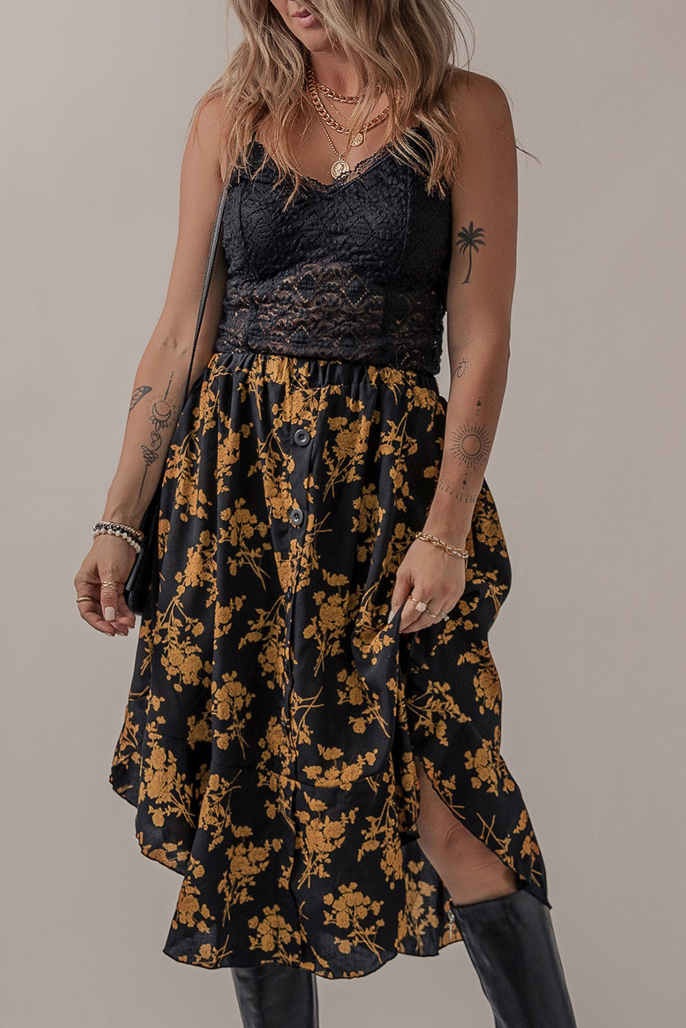 Floral Ruffle Elastic Waist Skirt