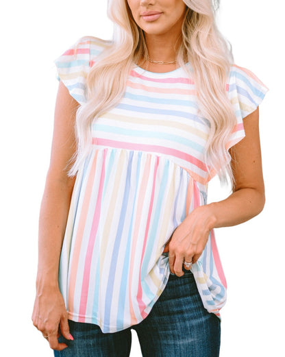 Stripe Flutter Sleeve Babydoll Blouse