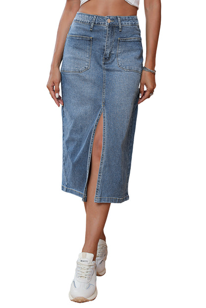 Denim Front Slit Midi Skirt