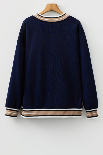 Varsity Contrast Stripe Trim V-Neck Sweatshirt