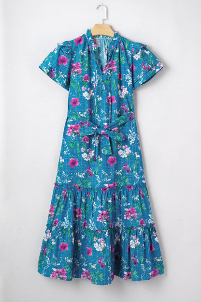 Floral Flutter Sleeve Tie Neck Belted Midi Dress