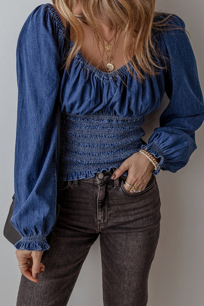 Denim Smocked Puff Sleeve Blouse