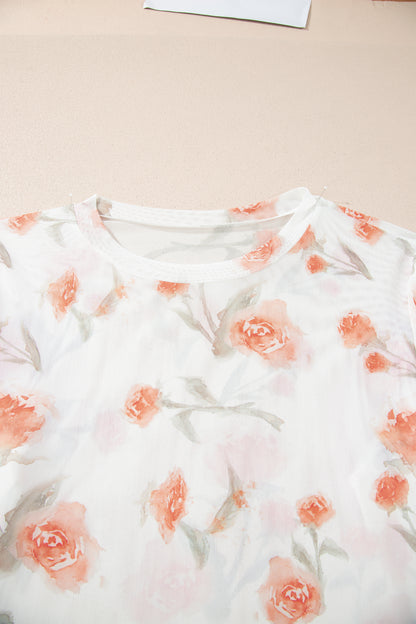 Plus Size Floral Sheer Mesh Long Sleeve Top