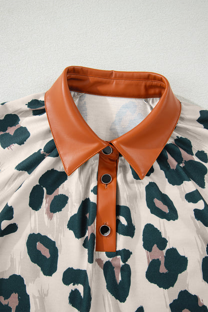 Leopard Buttoned Contrast Collar Short Sleeve Blouse