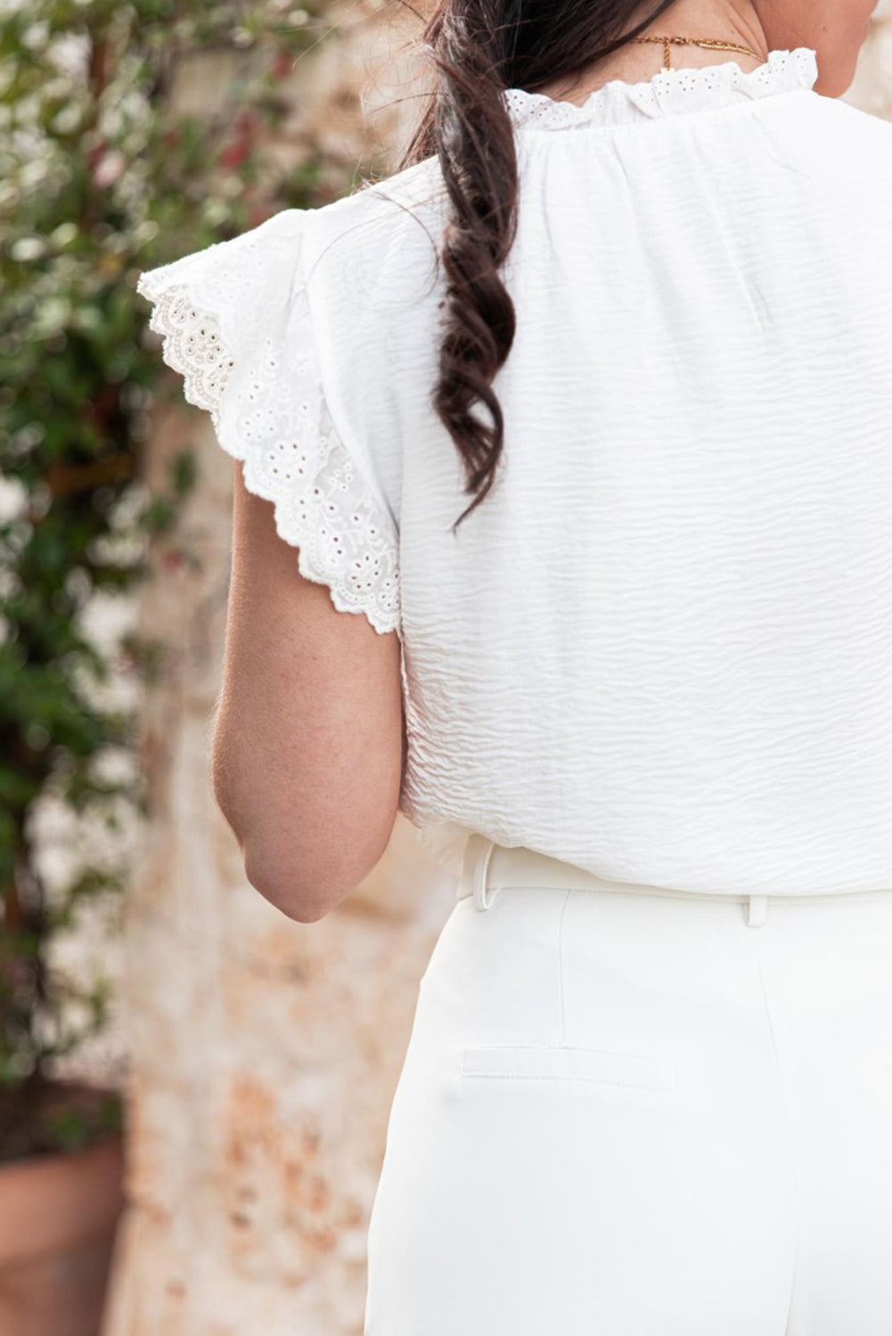 Textured Embroidered Ruffle Sleeve Blouse