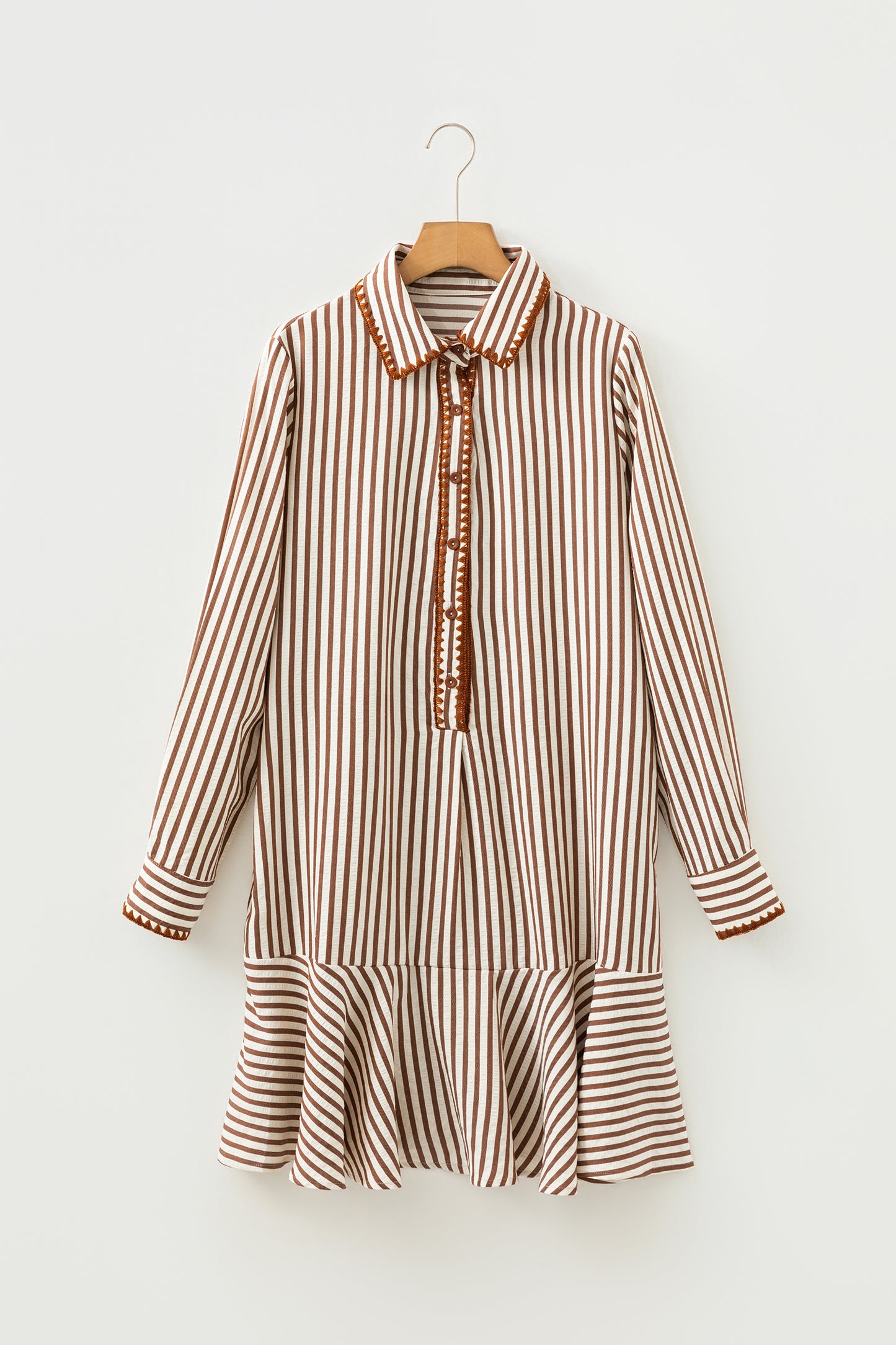 Stripe Embroidered Trim Ruffle Hem Collared Dress