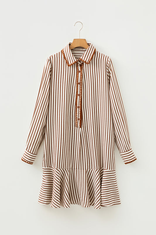 Stripe Embroidered Trim Ruffle Hem Collared Dress