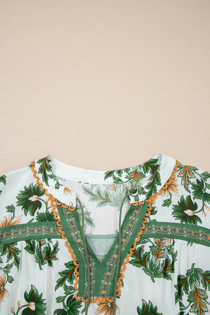 Plus Size Floral Patchwork Tassel Tie Blouse