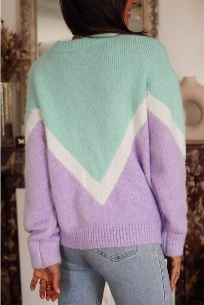 Colorblock Chevron Ribbed Trim Sweater