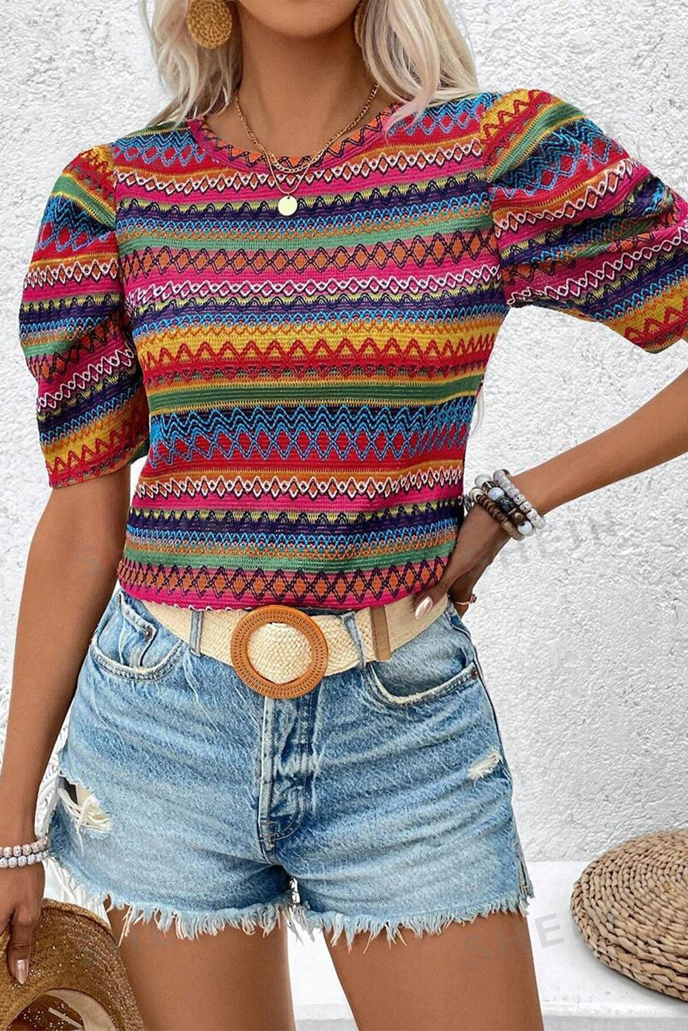 Boho Wavy Stripe Puff Sleeve T-Shirt