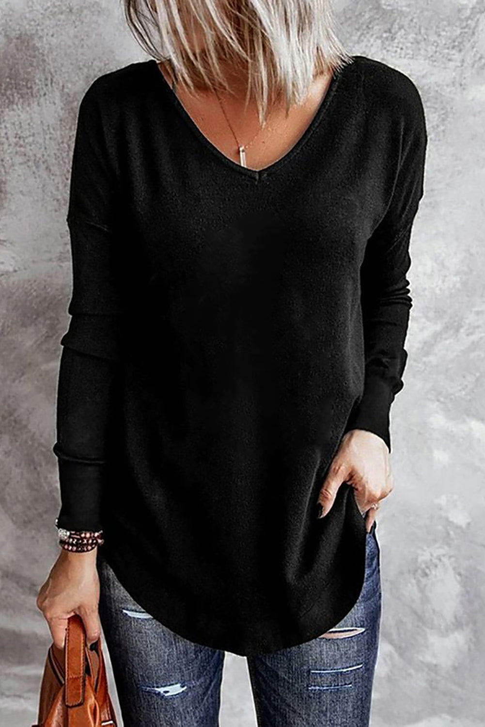 Solid V-Neck Long Sleeve Top