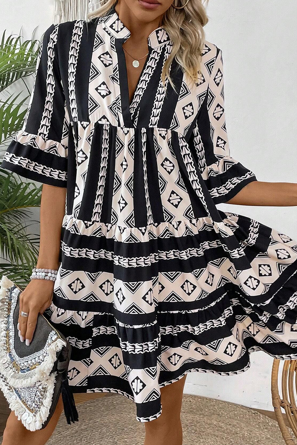 Geometric V-Neck Ruffle Dress