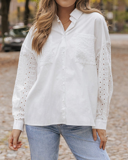 Eyelet Patchwork Buttoned Shirt w/Pockets