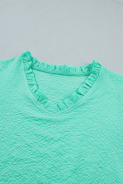 Flower Embroidered Puff Sleeve Frilled V-Neck Blouse