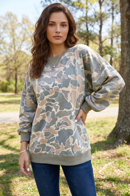Camo Ribbed Trim Crew Neck Pullover Sweatshirt