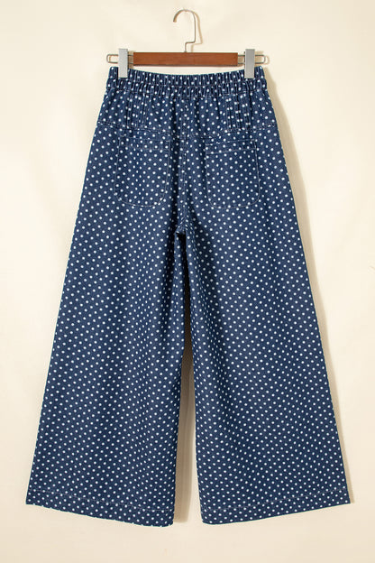 Polka Dot Button Up Pleated Wide Leg Jeans