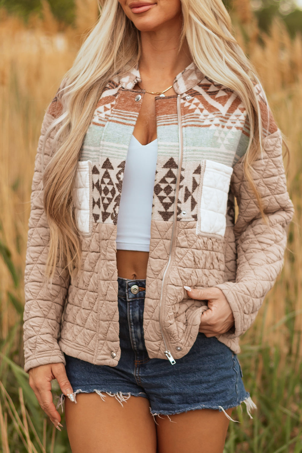 Western Geometric Aztec Patchwork Quilted Jacket