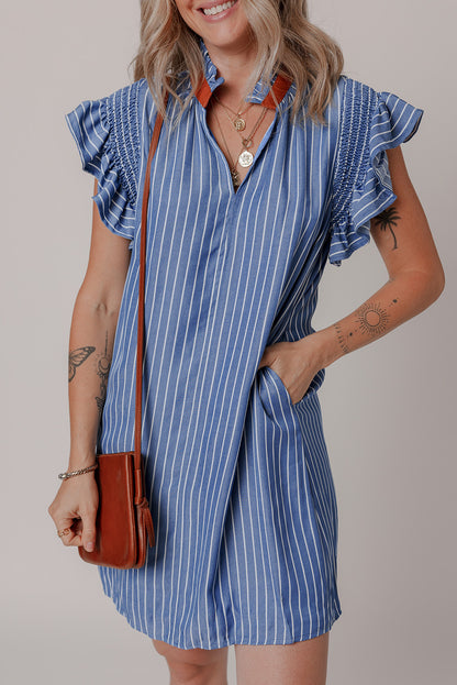 Stripe Frilly Neck Shirred Ruffle Sleeve Mini Dress