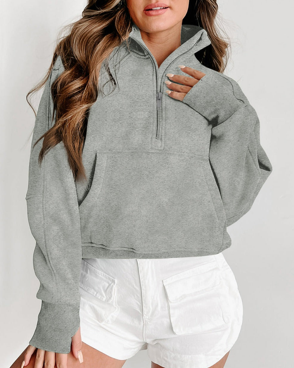 Half Zip Thumbhole Sleeve Sweatshirt