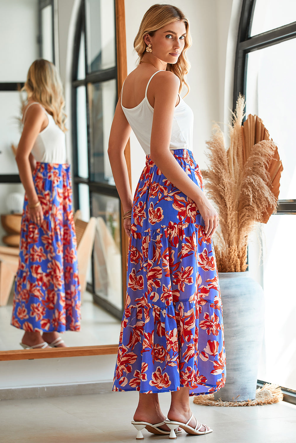 Boho Floral Tiered Side Slit Maxi Skirt