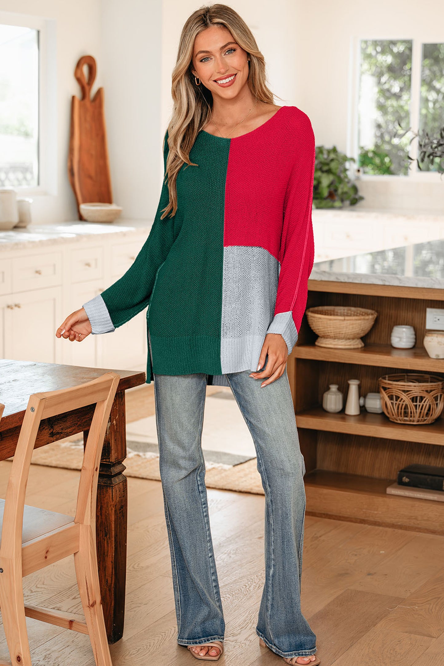 Colorblock Knit V-Neck Sweater