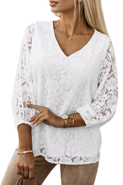 Floral Lace 3/4 Sleeve V-Neck Top