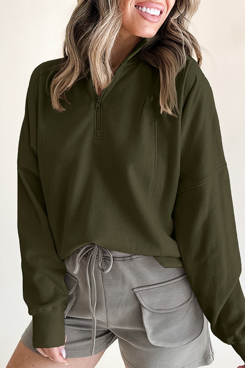 Zipped Neck Drop Shoulder Sweatshirt