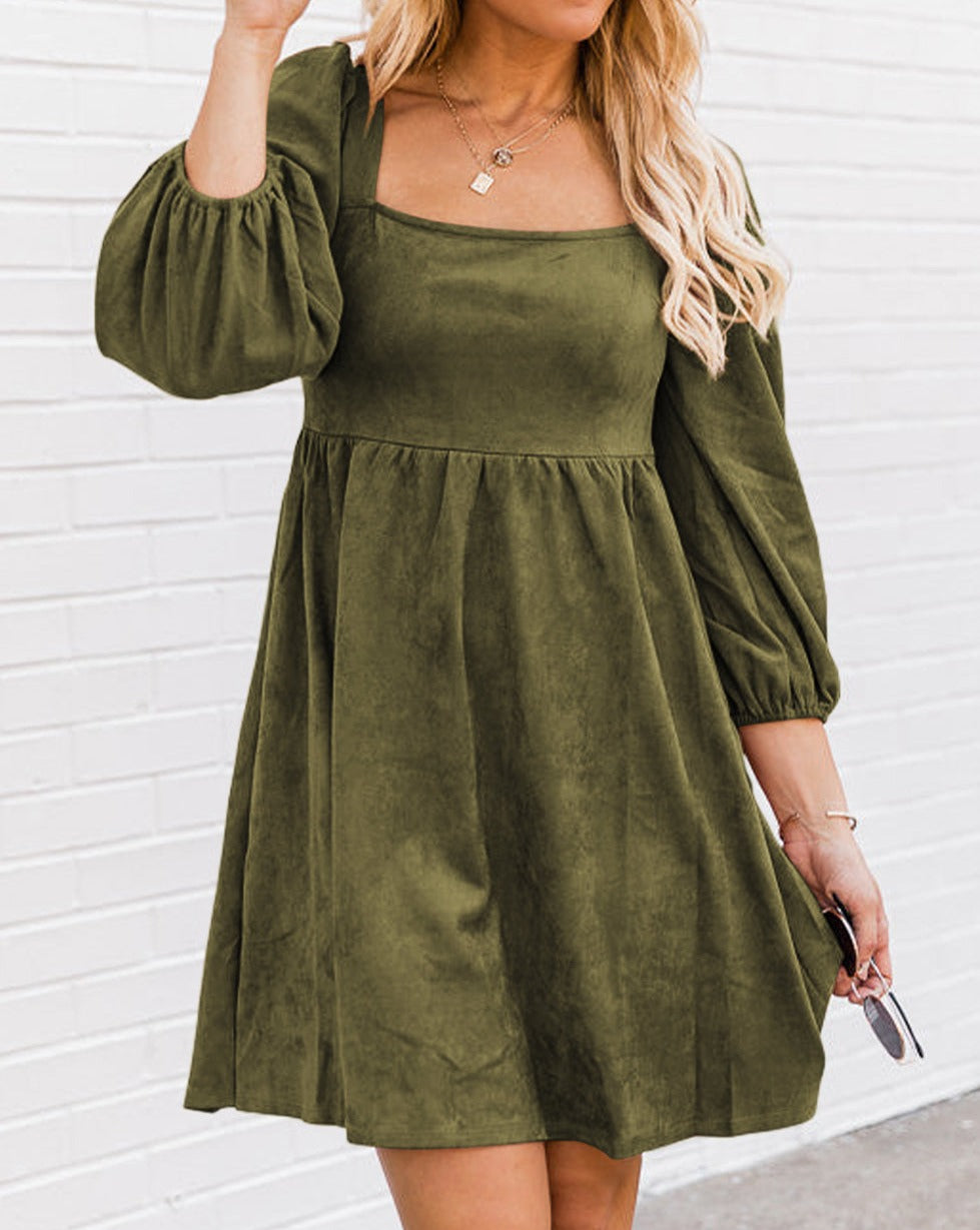 Suede Shirred Puff Sleeve Dress