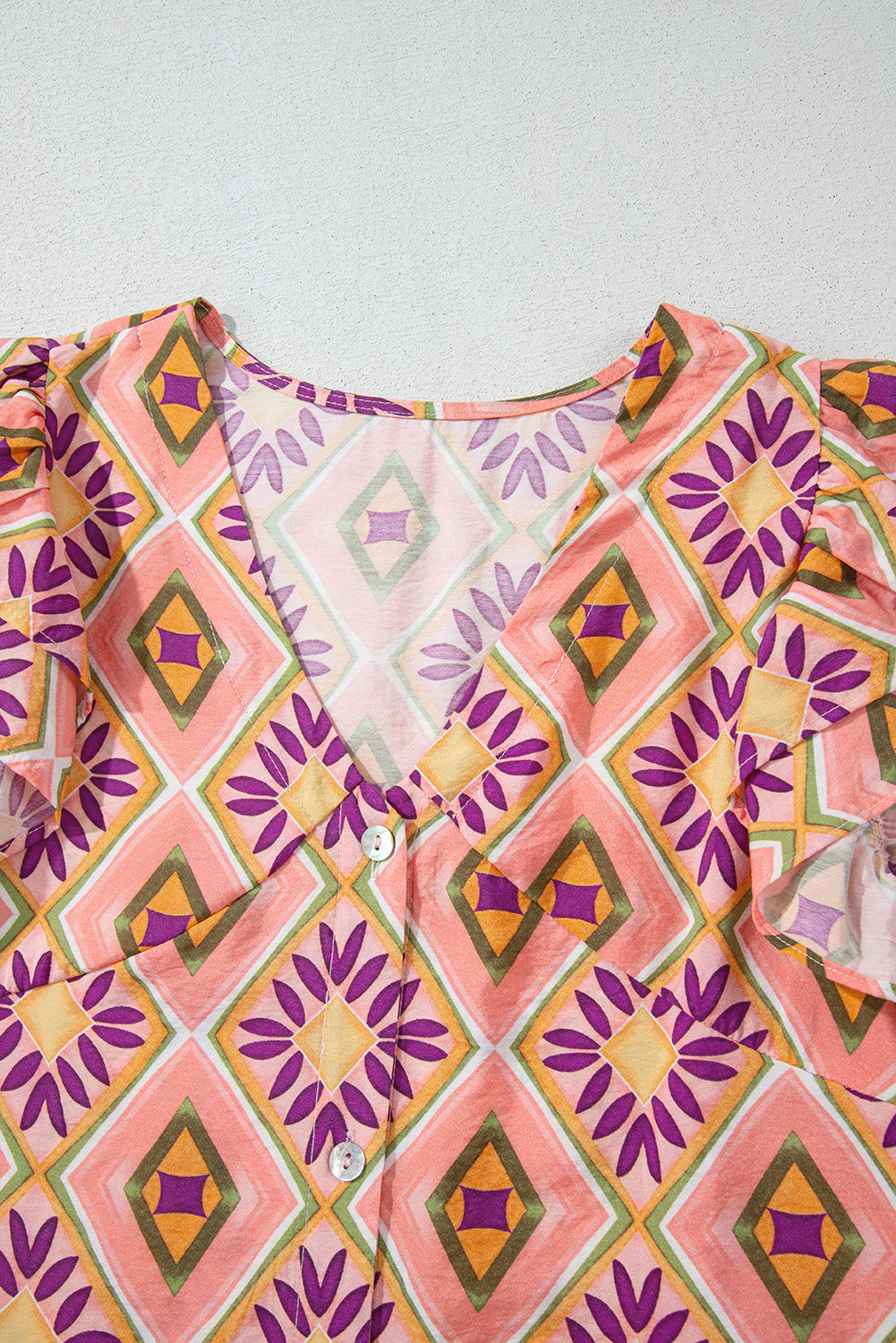 Geometric Floral V-Neck Button-Front Mini Dress