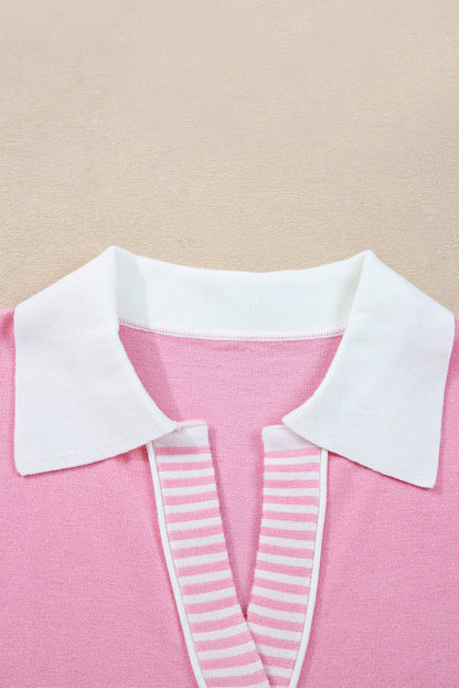 Stripe Colorblock Collared Drop Shoulder Sweater