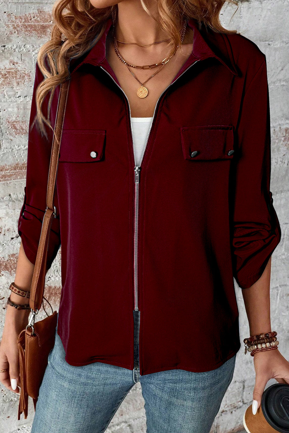 Collared Tab Sleeve Zip Up Jacket