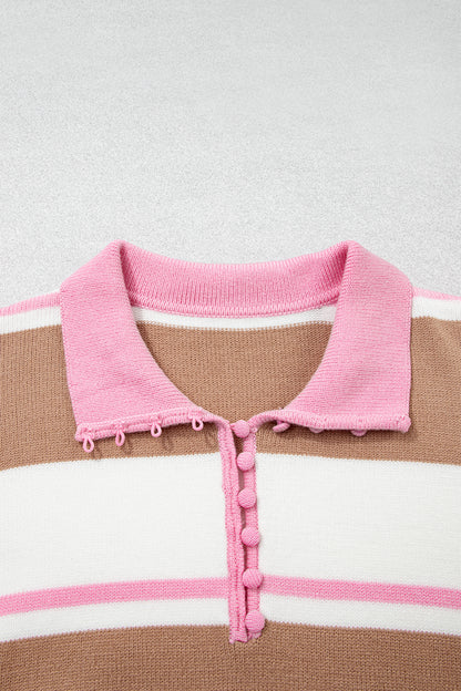 Stripe Colorblock Buttoned Collar Drop Shoulder Sweater