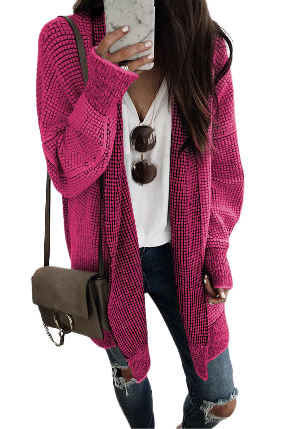 Plaid Knit Open Front Cardigan