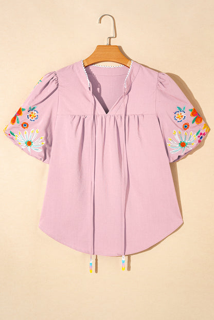 Floral Embroidered Puff Sleeve Split Neck Blouse