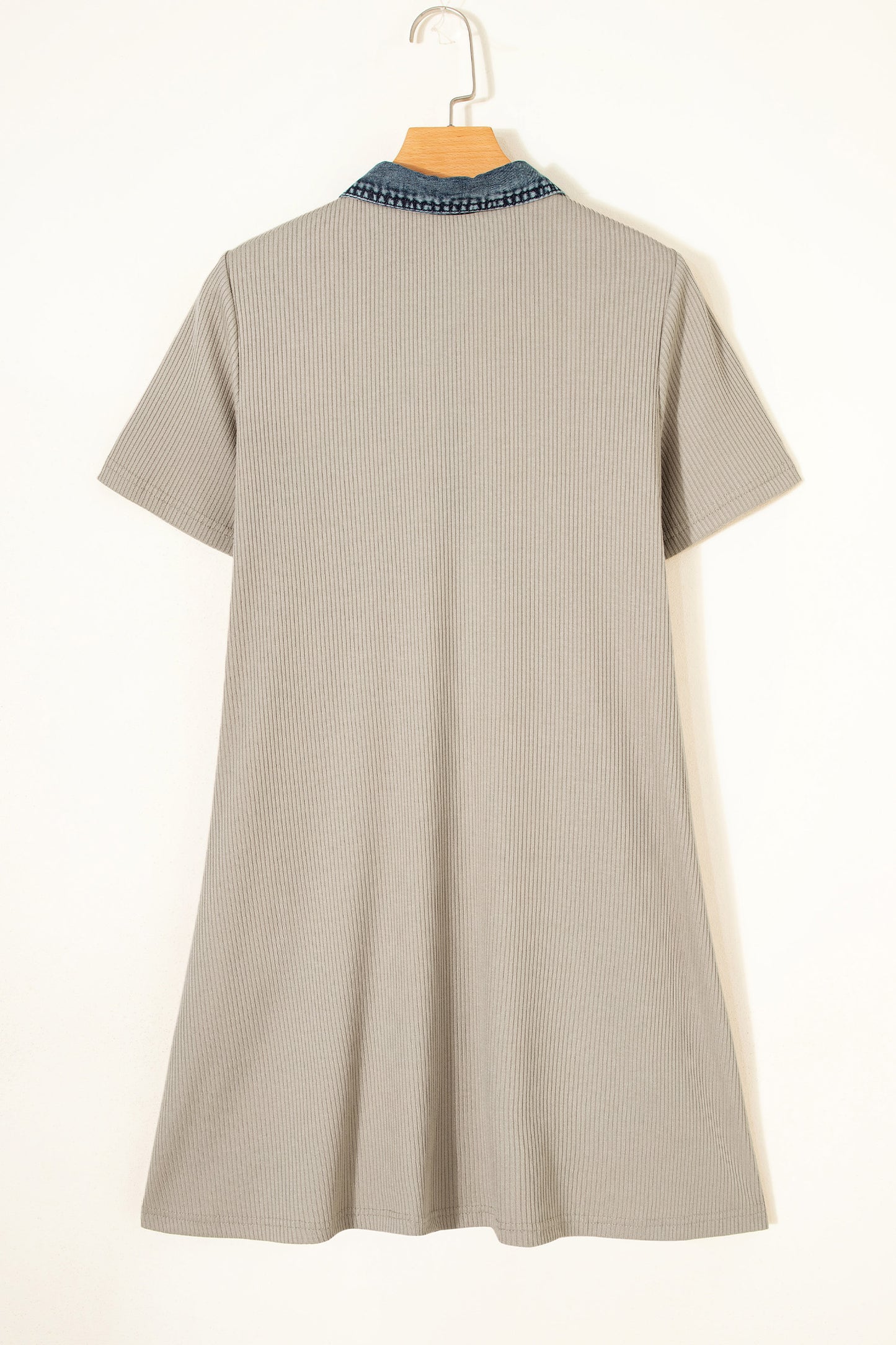 Denim Patchwork Ribbed Knit Polo Collar Dress