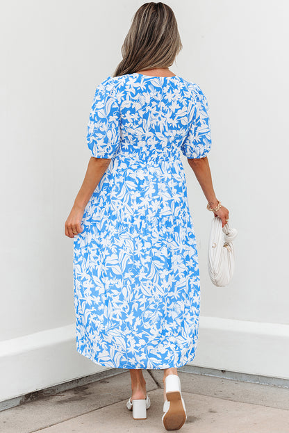 Floral V-Neck Puff Sleeve Flowy Maxi Dress