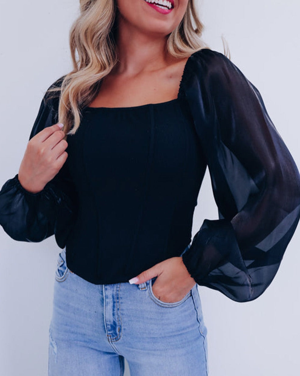 Sheer Sleeve Square Neck Top