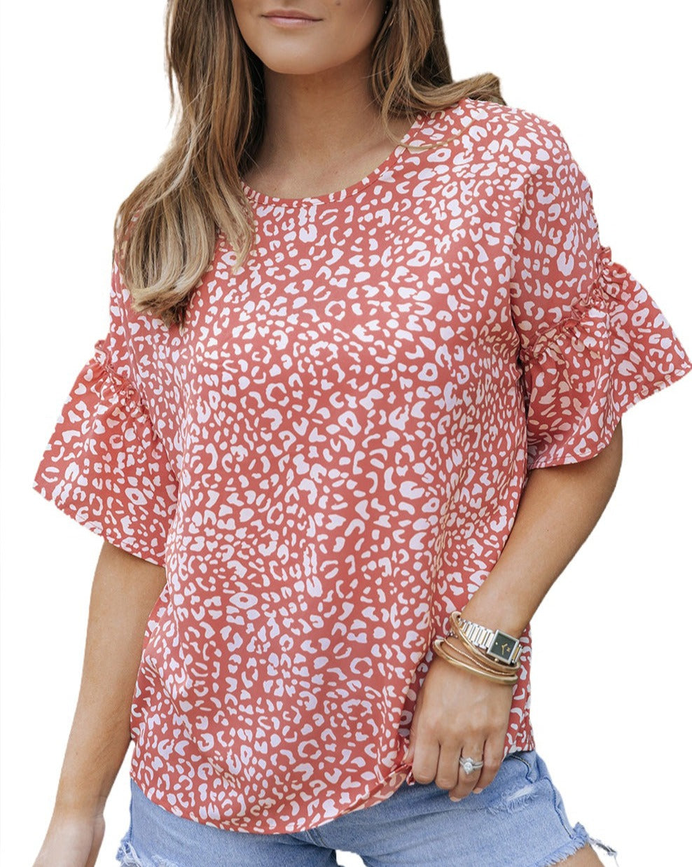 Leopard Ruffle Short Sleeve T-Shirt