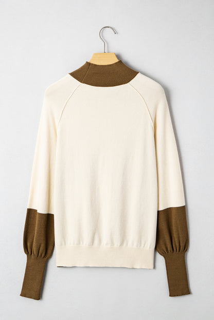 Colorblock Raglan Puff Sleeve Mock Neck Sweater