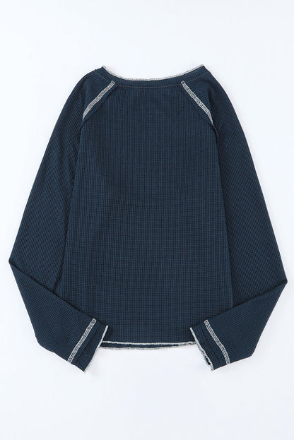 Solid Waffle Knit Round Neck Long Sleeve Top