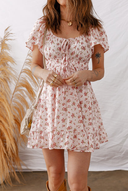 Floral Front Tie Shirred Waist Ruffle Mini Dress