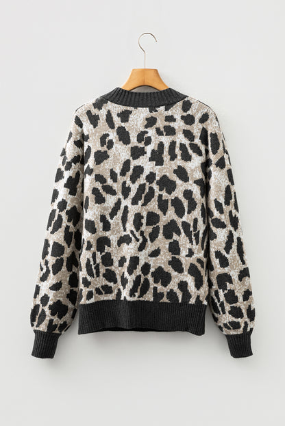 Leopard Contrast Trim Drop Shoulder Sweater