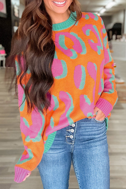 Leopard Colorblock Ribbed Trim Sweater