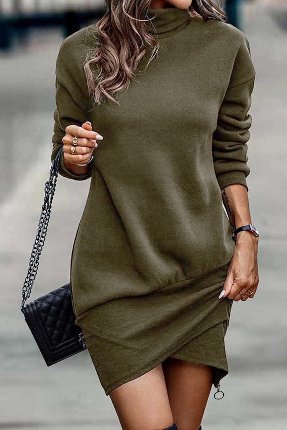 Asymmetrical Wrapped Hem Turtleneck Dress