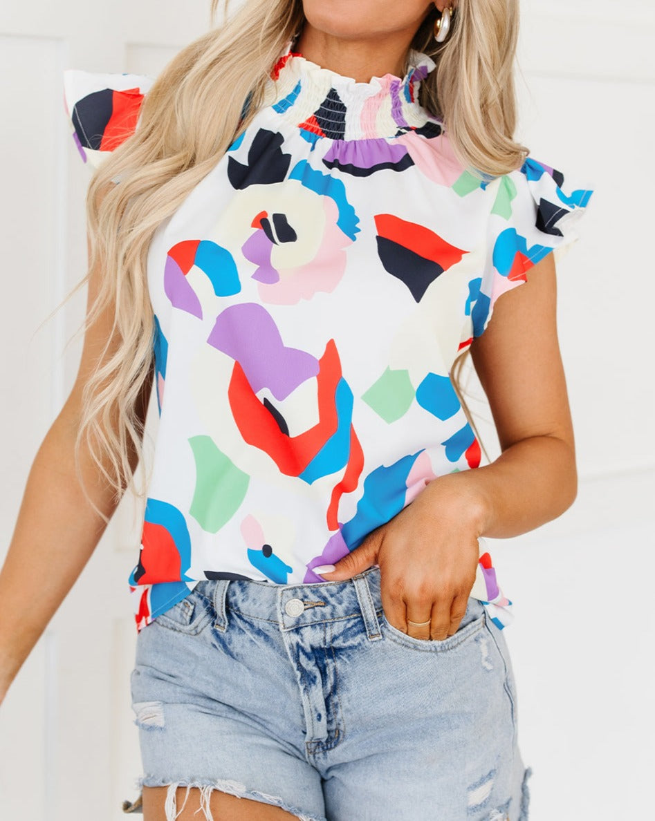 Abstract Ruffle Sleeve Smocked Blouse