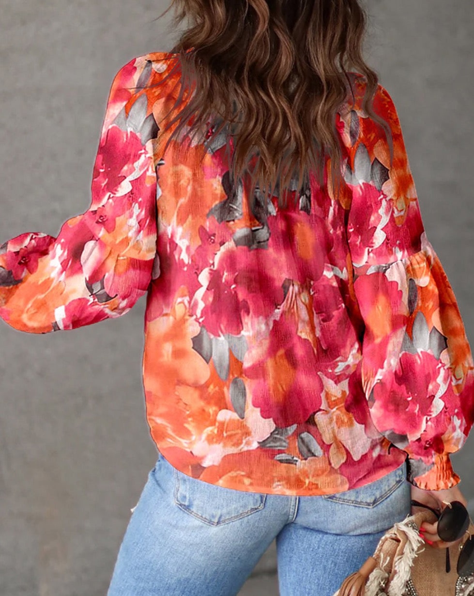 Floral Tassel Tie Smocked Blouse