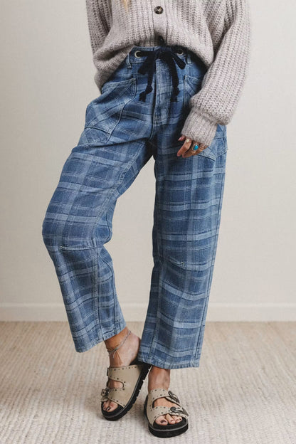 Denim Plaid Grommet Drawstring Waist Jeans