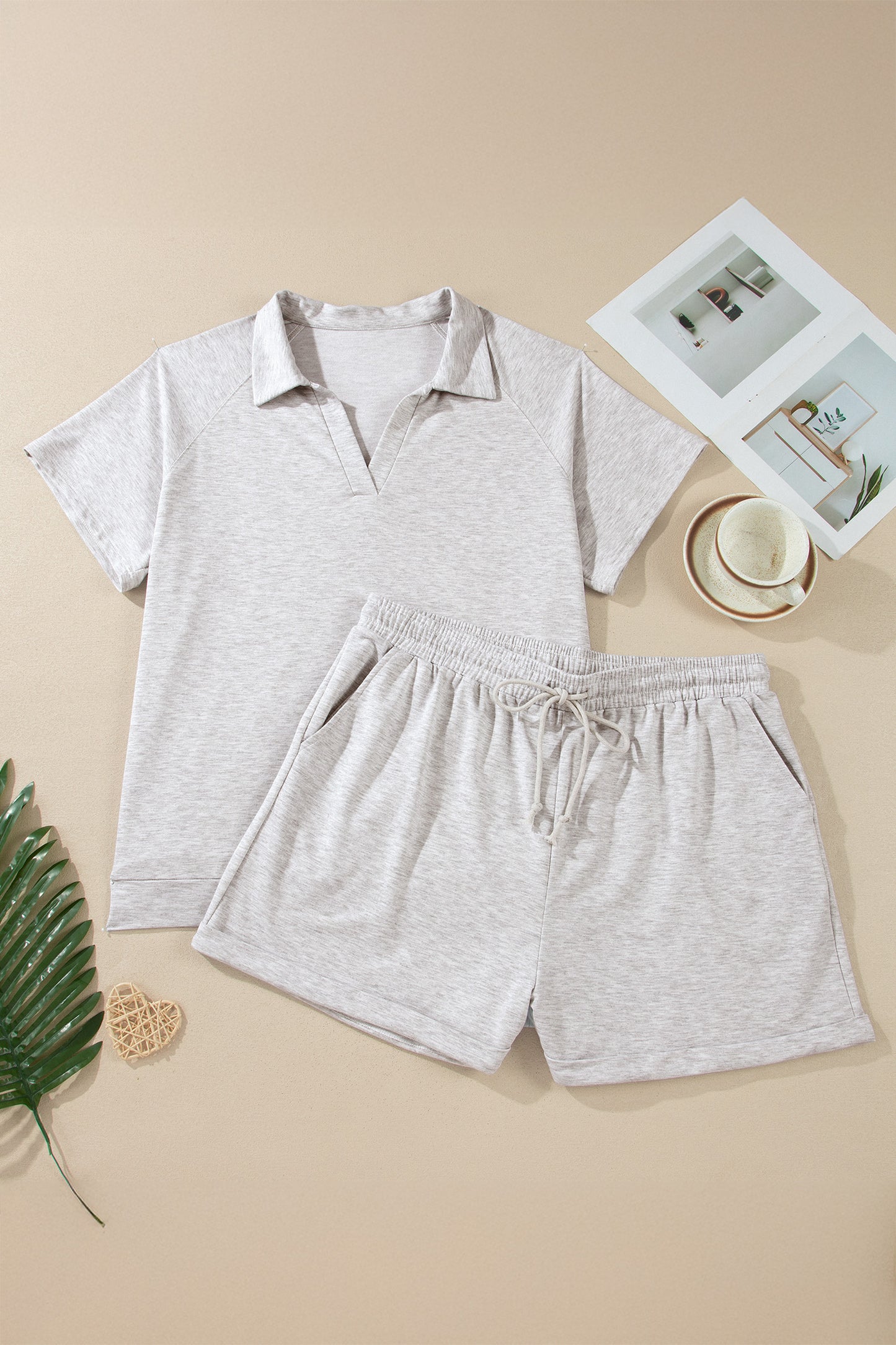 Plus Size Solid V-Neck Top & Elastic Shorts Set