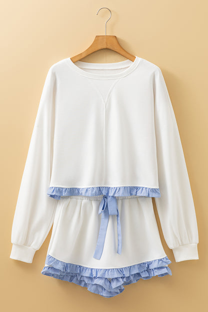 Ruffle Trim Patchwork Pullover and Shorts Set